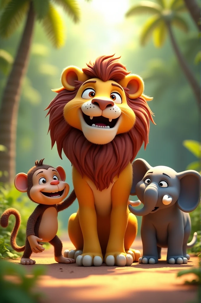 In 3D Animation style "The Joy of Freedom"**  
   The final image should show all three animals—lion, elephant, and monkey—celebrating together in the jungle after the lion's successful rescue. The lion looks relieved, the monkey grinning proudly, and the elephant content. The background features a sunny, peaceful jungle setting, symbolizing their strong bond of friendship.