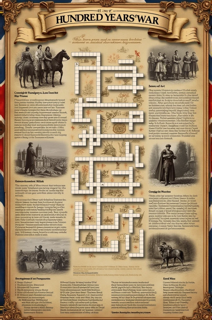 Create a crossword puzzle with the following informationHere is an example of a crossword puzzle about the Hundred Years War:

### Horizontals:
1. **country** where the Hundred Years War began.
2. **battle** famously defeated by the English in 1415.
3. **Hero** canonized French, captured by the English and burned at the stake.
4. **dynasty** who ruled England during the war.
5. **missiles** Englishwoman who was crucial in the battles of the war.

### Verticals:
1. **rey** Englishman who initiated the hostilities of the Hundred Years&#39; War.
2. **citys** French besieged by the English and liberated by Joan of Arc.
3. **Treated** which ended the first period of the war in 1360.
4. **rey** Frenchman who led France in the final phase of the war.

### Answers:
**Horizontals:**
1. France 2. Agincourt
3. Joan of Arc 4. Plantagenet 5. long bow

**Verticals:**
1. Edward III 2. Orleans 3. Brétigny
4. Charles VII These words and clues help cover the main events, figures and aspects of the Hundred Years&#39; War. 