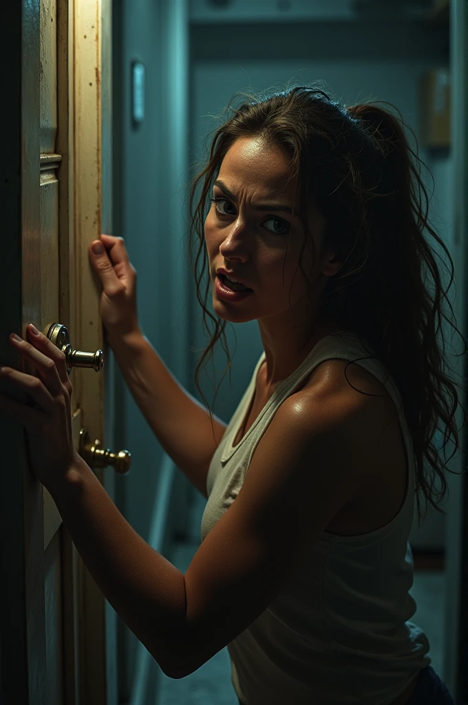 A woman trying to open a door but it won’t budge