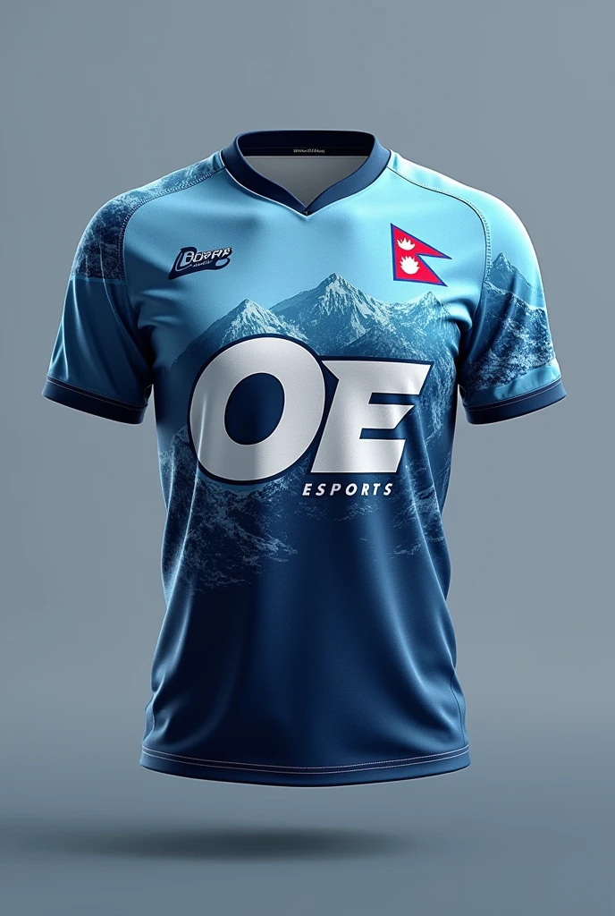 Creat a esports jersey with OE LOGO IN RIGHT TOP .WRITE OBBER ESPORTS IN MIDDLE .make it color like mountain and its matching .color like mountain .donot make mountain in jersey.place pubg mobile logo in left top of jesey.make icy color jersey .write obber esports in middle .OE LOGO IN RIGHT TOP WITH BEST DESIGNE .NEPAL FALG LOGO IN LEFT TOP .make jesey in icy and its matching color with best designe .