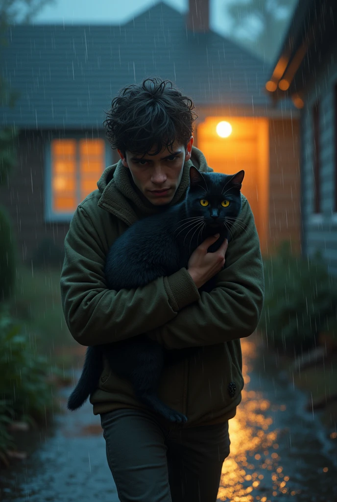“Sam, holding the small, dark-furred cat in his arms, is rushing through the rain towards a cozy-looking house. His face shows determination as he tries to protect the cat from the rain. The house is warmly lit, inviting them in.”