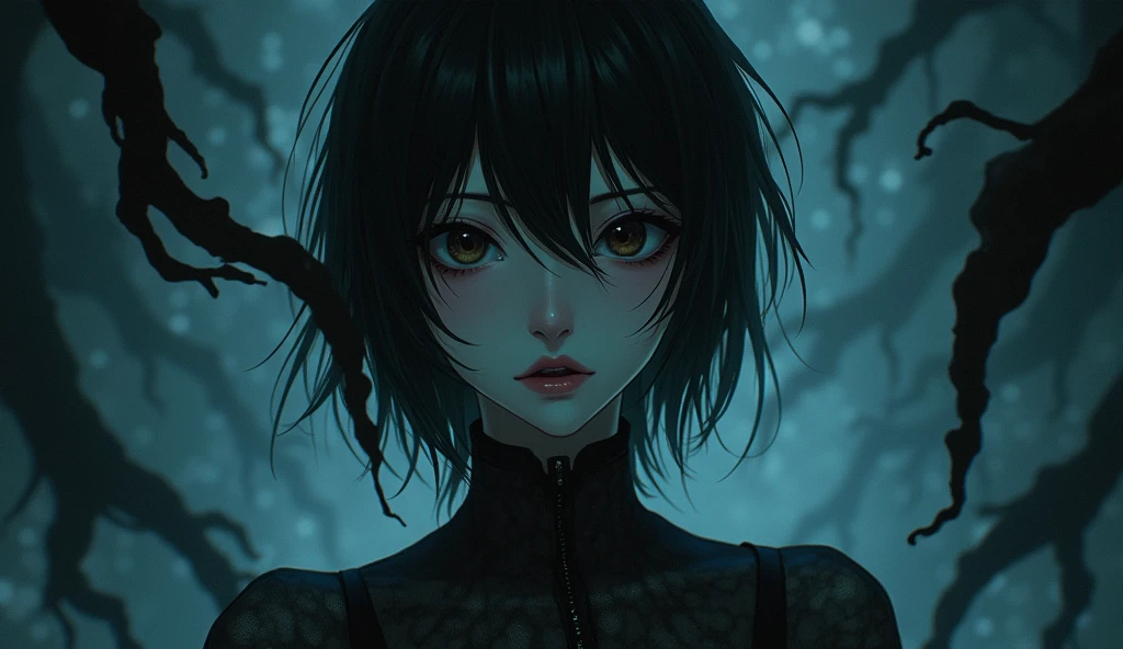 (best quality, masterpiece, ultra detailed), (anime:1.5)、woman is the main character、mysterious、Suspenseful Tone、Dark tones and shadows、A little creepy atmosphere、Surrealism、Dark fantasy