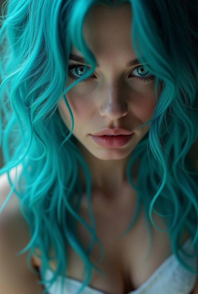 award winning pornography, 4k ultra realistic, goddess of seduction and lust with cyan color hair and eye, making love