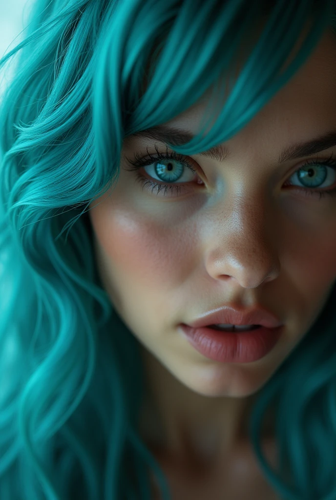 award winning pornography, 4k ultra realistic, goddess of seduction and lust with cyan color hair and eye, making love