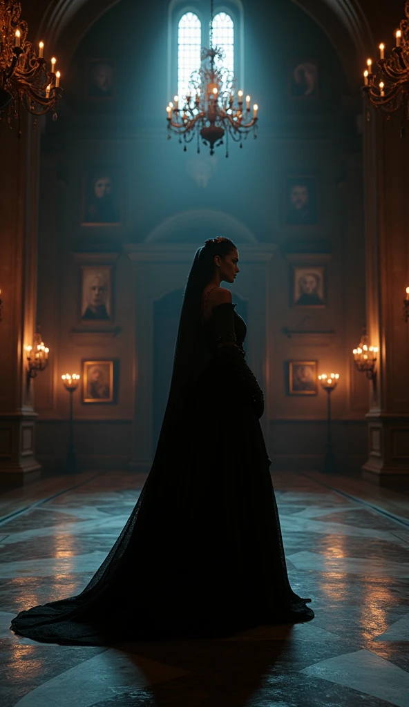 Close-up shot, Low angle shot, (A final, cinematic image of Elizabeth Báthory standing alone in her grand castle’s throne room. The room is dimly lit, with long shadows cast by the flickering torches. Her face is half in shadow, half in light, symbolizing the dual nature of her legacy. Behind her, the walls are adorned with portraits of her ancestors, their eyes seeming to follow her every move. The floor is made of polished marble, reflecting the light from the chandeliers above. The mood is somber yet powerful, capturing the essence of her story—a blend of power, fear, and the thin line between truth and legend.) unreal engine, cinematic, hyper-real, highly detailed, Ultra realistic HD --q 2 --v 6.1 --ar 9:16  