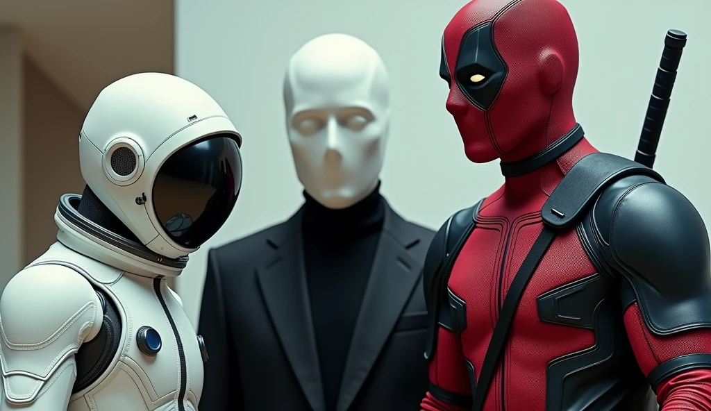 1 space suit guy, 1 male with no face just a white face with no facial things or eyes wearing black suit, and a guy wearing Deadpool suit