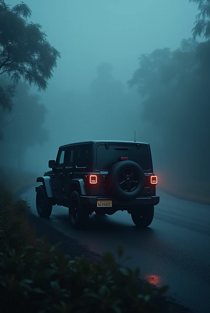 Black mahindra thar tyre turn left side on road at night in fog, side photo, number 9040