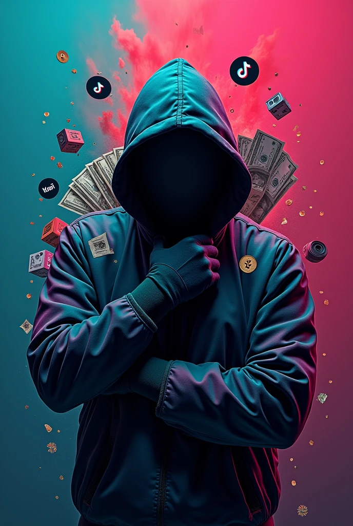 "Create a high-resolution, visually striking course cover image featuring a male figure hiding his face with a mask or covering that makes it difficult to identify his features, ensuring a high level of anonymity. The figure should be positioned dynamically in an action pose to emphasize secrecy. Use a vibrant and colorful background with a gradient or abstract design, incorporating rich, contrasting colors like teal, magenta, and charcoal gray to add depth and visual interest, with a highly detailed and vibrant appearance. Place symbols of financial success, such as dollar signs ($), stacks of bills, or currency icons prominently behind the male figure, ensuring they are bold, highly detailed, and sharply contrasted. Integrate images of the TikTok, YouTube, and Kwai app icons into the background with exceptional clarity and resolution, making them large, prominent, and highly visible against the colorful backdrop. Include visual references to video editing, such as camera icons, film reels, or editing software icons (like scissors or a timeline), also in high resolution and vivid detail, subtly blended into the background but remaining clear and detailed. The overall style should be sleek and modern, with a balanced composition that ensures the main subject and thematic elements (money, video editing, and app icons) are visually harmonious and impactful. Avoid any text or written elements. The image should effectively convey the concepts of financial success through video content creation and the presence of popular video platforms while maintaining the theme of anonymity."