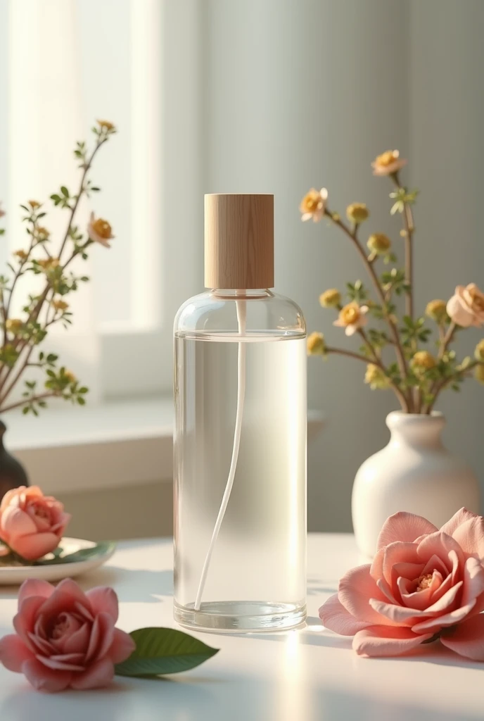 A 100ml colorless glass air freshener bottle, on a table with lush and elegant yet simple decoration. With colors that catch the eye.