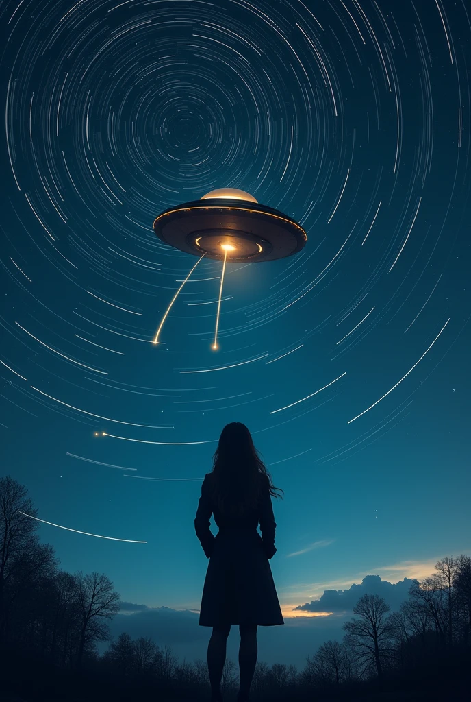 long exposure of starry sky with many circular orbits, focus on the stars, a flying saucer, radiates light downwards,silhouette of a young European woman with long hair with her hands in the pockets of her coat looking up,golden ratio,shooting stars, two of them yellow