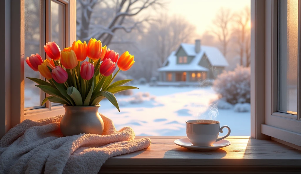 Create a serene winter morning escape with a vibrant tulip bouquet and a steaming cup of tea. Your veranda transforms into a haven of color and comfort amidst the cold.