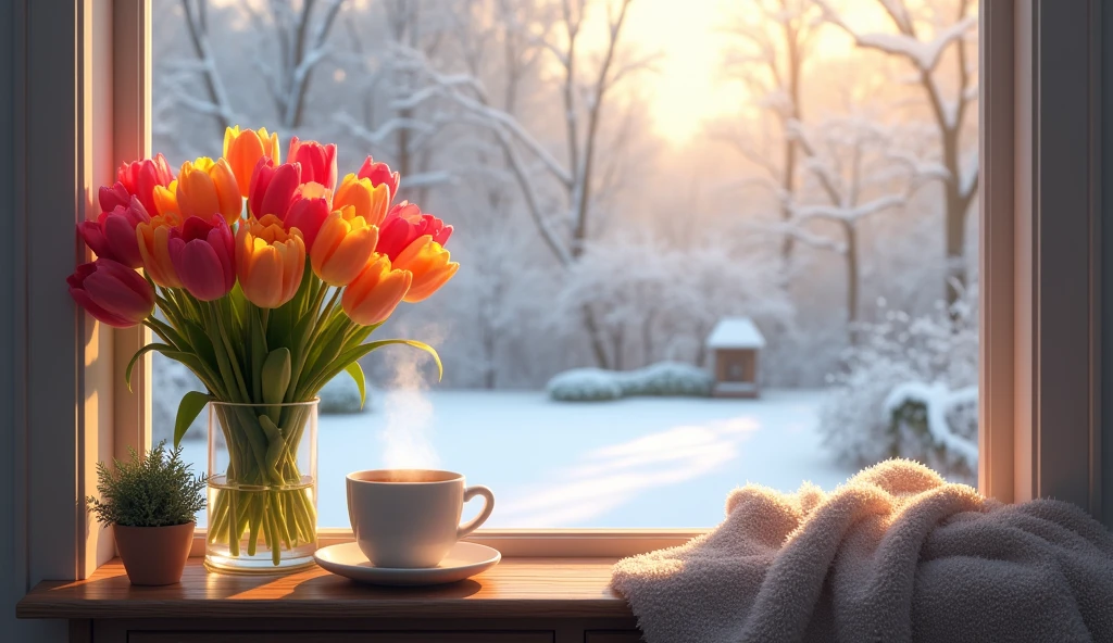 Create a serene winter morning escape with a vibrant tulip bouquet and a steaming cup of tea. Your veranda transforms into a haven of color and comfort amidst the cold.