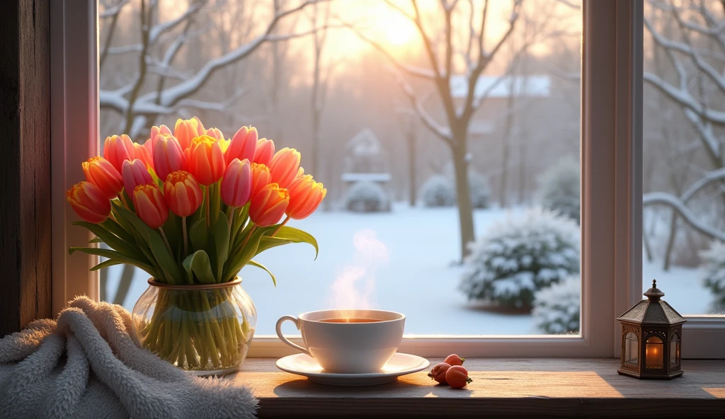 Create a serene winter morning escape with a vibrant tulip bouquet and a steaming cup of tea. Your veranda transforms into a haven of color and comfort amidst the cold.