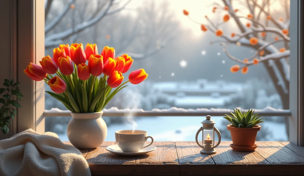 Create a serene winter morning escape with a vibrant tulip bouquet and a steaming cup of tea. Your veranda transforms into a haven of color and comfort amidst the cold.