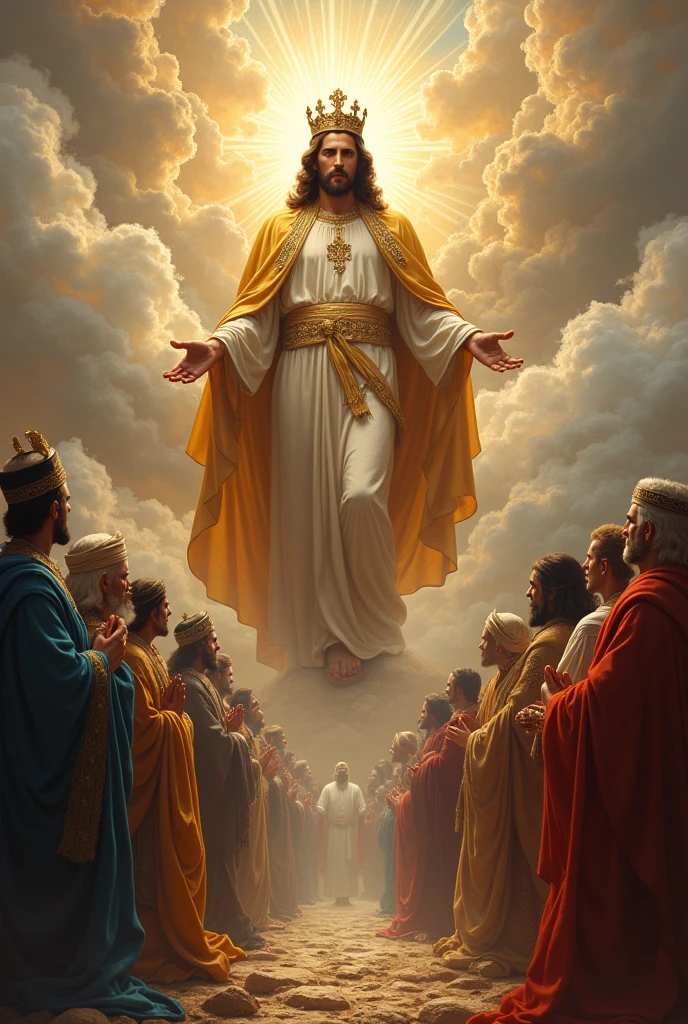 Creates a classical Renaissance art form image of Jesus Christ returning as a king in heaven and all contemporary nations bowing down before the king