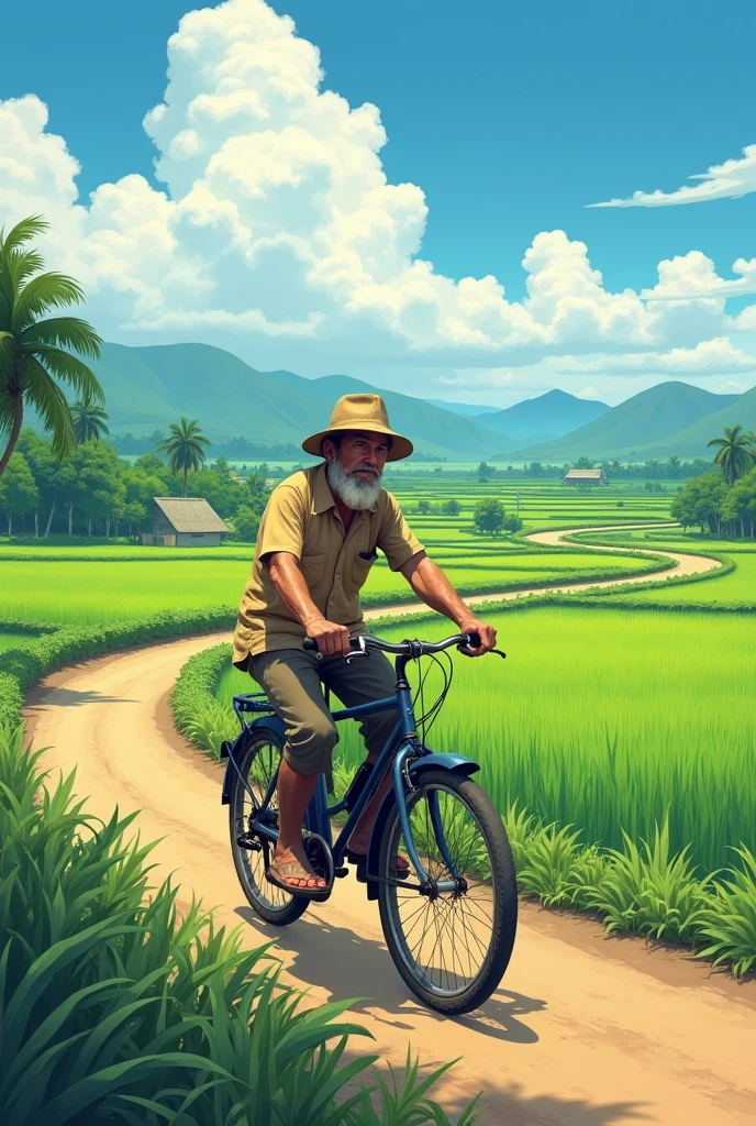 Farmer cycling on the road near the paddy field