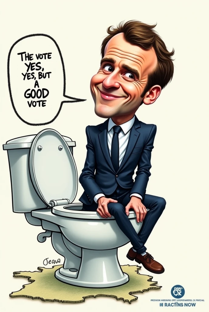 Caricature humoristique de Emmanuel Macron qui est assis sur un wc. SOUS LE WC il y a une carte de France. Il dit, ecrit dans une bulle : " Le vote oui, mais un bon vote"