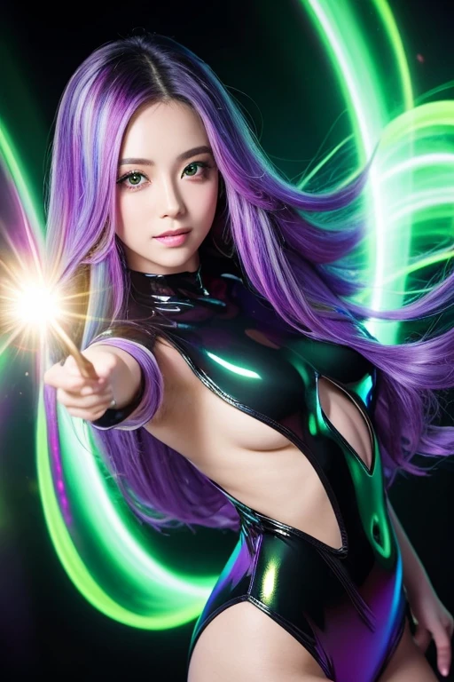 masterpiece, Highest quality, One girl, with long flowing iridescent hair in shades of purple, green, Green and, Wearing a shiny black bodysuit, Place one hand on your hip、In the other hand, a light shines, Magic crystal ball. background, A swirl of light and energy、It gives the scene a mysterious and enchanting atmosphere.。. glow 髪, Multicolor Hair