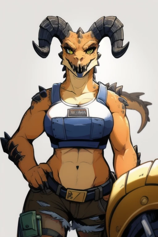 (((Masterpiece))), ((4k)), (best body), Solo, score_9,score_8_up,score_7_up, kemono style, Anthro deathclaw from fallout, Anthro reptile girl, snout, green scaled skin, gold eyes, black lips, black horns, black ram horns, athletic body, smiling, walking in a ruined city, holding a rusty gun, wearing bodyarmor, bulletproof vest, blue jean shorts,