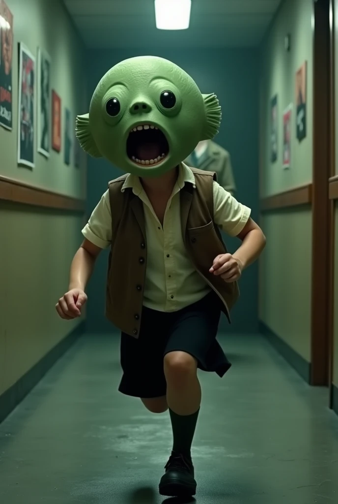 ((Highest quality)), ((photorealistic, hyperrealistic photo, portrait)), (front), (Horror movie title「Jason vs Soraroid」Write:1.2), (Screaming Pufferfish:1.6), (The upper half of the pufferfish is green.), (Short sleeves), ((No hair)), (The Kusafugu has 20% of the facial features of a human female.), (horror movie posters:1.5), ((Jason:1.8)), (クサフグ対Jason), A pufferfish with a very realistic head, A woman with a human body, オフホワイトで襟付きのShort sleevesシャツに薄茶色のベストを着てひざ丈の黒いスカートに濃い緑色の短い靴下と黒の靴を履いてる, Jasonに追われて全力で走っている, Photorealistic images,