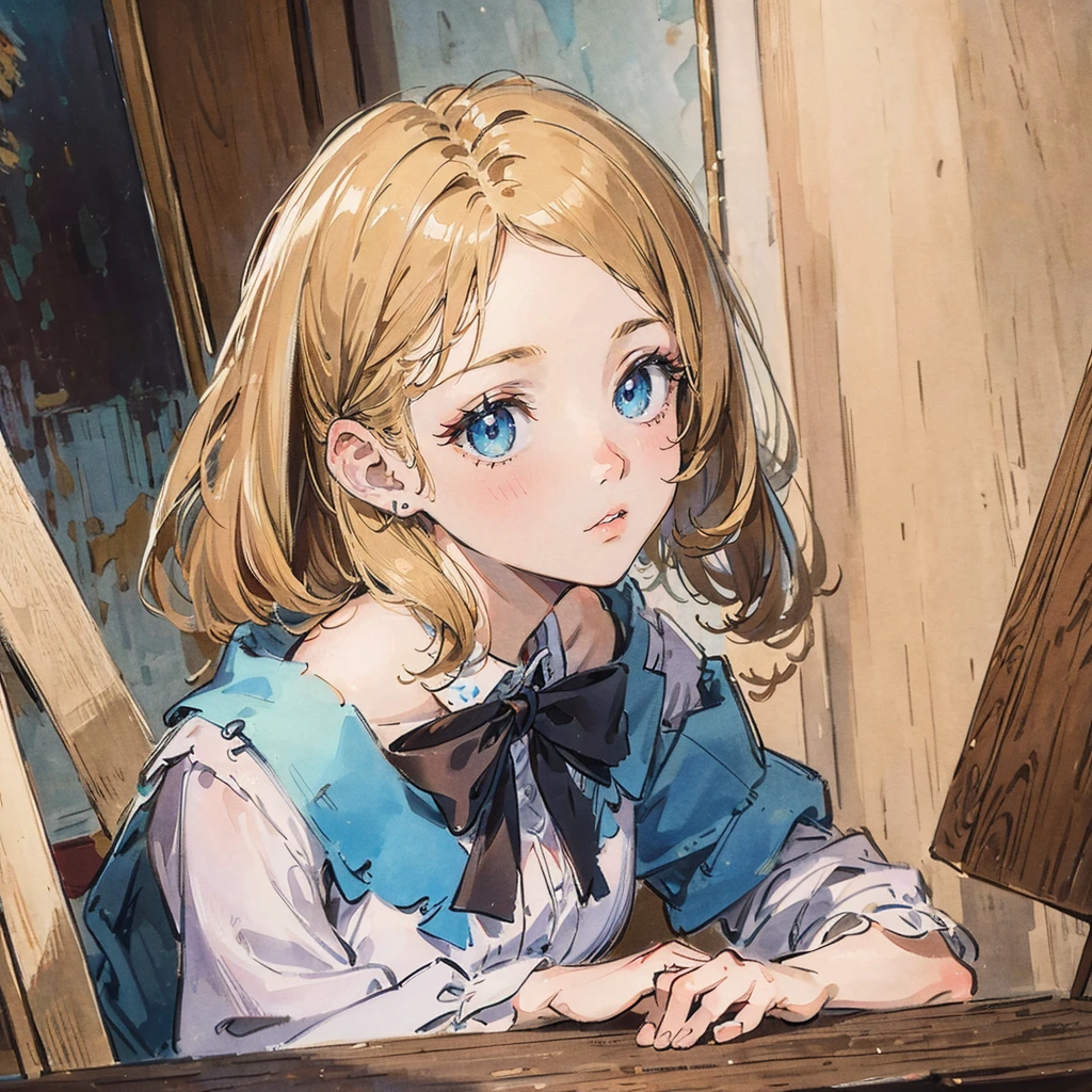 masterpiece, best quality, an extremely delicate and beautiful girl,an extremely delicate and beautiful, world masterpiece theater, ultra-detailed, highly detailed, best quality, Golden blonde hair, Balayage hair, highres, extremely detailed, 1 girl, best quality, illustration, looking at viewer, impasto, canvas, oil painting, realistic, realist ,real, Bright blue eyes, Queen, Bow tie