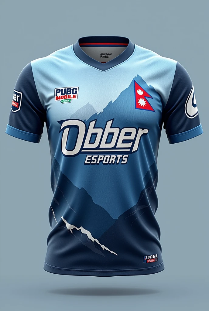 Creat a esports jersey with OE LOGO IN RIGHT TOP .WRITE OBBER ESPORTS IN MIDDLE .make it color like mountain and its matching .color like mountain .donot make mountain in jersey.place pubg mobile logo in left top of jesey.make icy color jersey .write obber esports in middle .OE LOGO IN RIGHT TOP WITH BEST DESIGNE .NEPAL FALG LOGO IN LEFT TOP .make jesey in icy and its matching color with best designe .pubg mobile