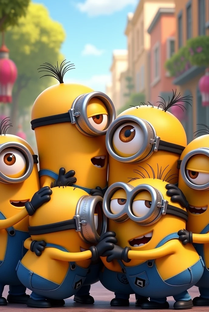 community of minions hugging each other with various emotions
