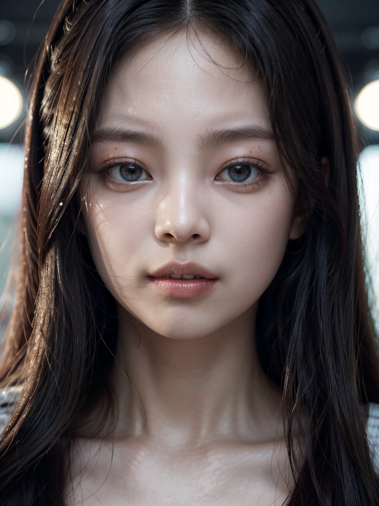 Jennie Kim, beautiful detailed eyes, beautiful detailed lips, doll lips, straight hair, large eyes, realistic, photorealistic, 8k, high resolution, masterpiece, ultra-detailed, vivid colors, studio lighting, professional, detailed facial features, elegant, beautiful, stunning, glamorous, fashionable, cinematic lighting, dramatic lighting, chiaroscuro, dramatic beauty, fashion portrait, cuerpo completo, con lenceria blanca, senos grandes, cuerpo hemoso, cuerpo perfecto.