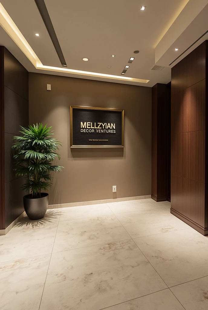 Corporate lobby with sign MELLZYIAN DECOR VENTURES