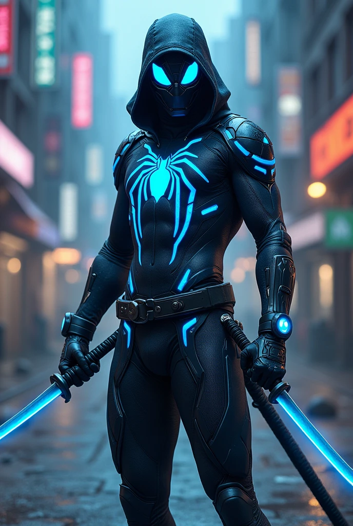 A Superhero with Spider-Man with dark & cyan theme color suit, dual katana, and a hoodie 