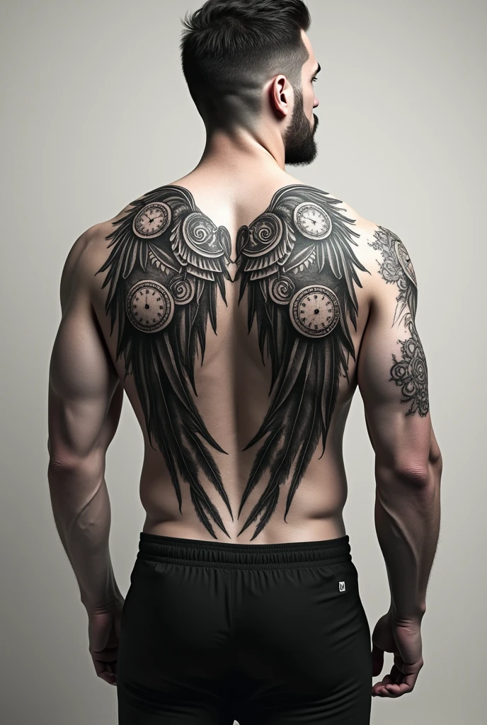 Wing tatoo with clocks and rune words for man
