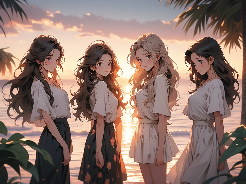 three friends holding arms up at sunset  for the camera in nature, multiple girls, long hair, 3girls