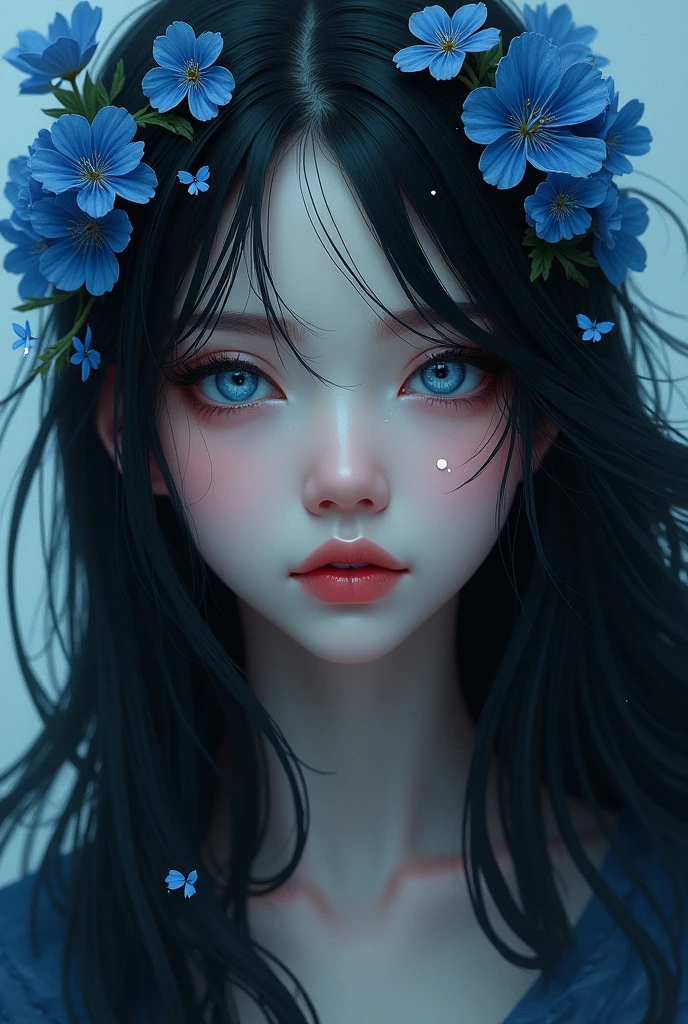 up to , she has black hair,She has one white eye and the other is blue, blue head accessories