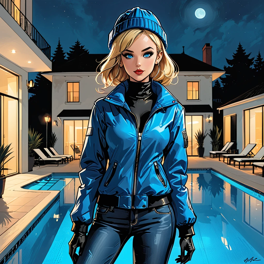 fullbody, full body, profile angele, night, open mouth, dark, dark atmosphere,  ((profile)) ((girl in Blue zipped up down winter jacket and black turtleneck )) and (((jeans))) and blue gloves and (((blue winter hat)))) ((walking)) next to the pool at the white hotel, white hotel, pool, adult, [Nordic], Hourglass elongated fitness body, perfect Olive skin, Oval Face, Long neck, Rounded shoulders, perfect hand, Attached Pointed ears, round forehead, (Short blonde Waves pixie hair), snub nose, Arched eyebrows, ((Monolid blue Eyes)), High Round Narrow cheekbones, Dimpled Cheeks, Rounded Chin, Rounded Jawline, Full nude Lips, (blue eyes), Nude Makeup Look, long eyelashes,  long slim fitness legs, graphic style of novel comics, perfect hands, 2d, 8k, hyperrealism, masterpiece, high resolution, best quality, ultra-detailed, super realistic, Hyperrealistic art, high-quality, ultra high res, highest detailed, lot of details, Extremely high-resolution details, incredibly lifelike, colourful, soft cinematic light,