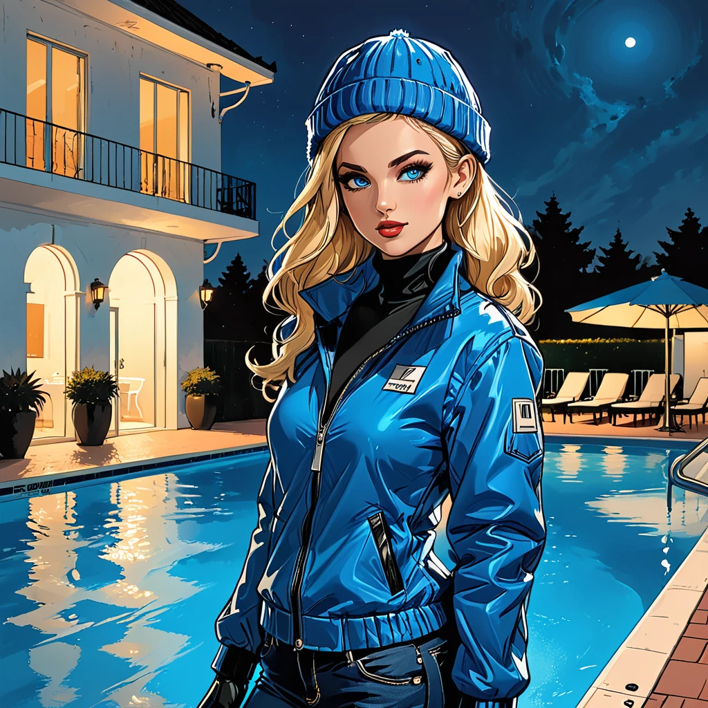 fullbody, full body, profile angele, night, open mouth, dark, dark atmosphere,  ((profile)) ((girl in Blue zipped up down winter jacket and black turtleneck )) and (((jeans))) and blue gloves and (((blue winter hat)))) ((walking)) next to the pool at the white hotel, white hotel, pool, adult, [Nordic], Hourglass elongated fitness body, perfect Olive skin, Oval Face, Long neck, Rounded shoulders, perfect hand, Attached Pointed ears, round forehead, (Short blonde Waves pixie hair), snub nose, Arched eyebrows, ((Monolid blue Eyes)), High Round Narrow cheekbones, Dimpled Cheeks, Rounded Chin, Rounded Jawline, Full nude Lips, (blue eyes), Nude Makeup Look, long eyelashes,  long slim fitness legs, graphic style of novel comics, perfect hands, 2d, 8k, hyperrealism, masterpiece, high resolution, best quality, ultra-detailed, super realistic, Hyperrealistic art, high-quality, ultra high res, highest detailed, lot of details, Extremely high-resolution details, incredibly lifelike, colourful, soft cinematic light,