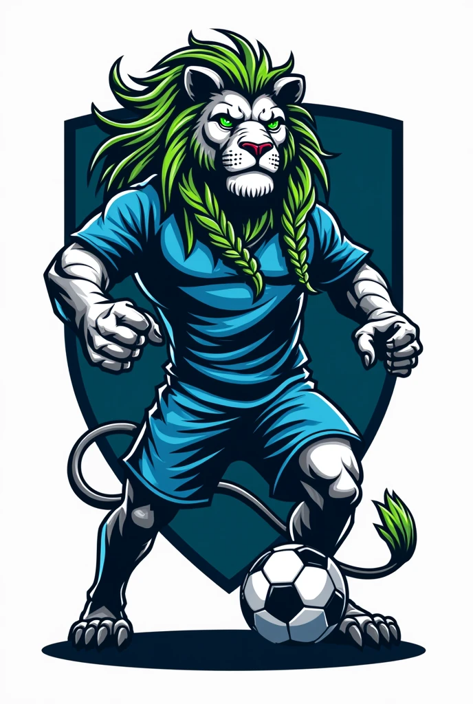 create a logo for a football team, with a lion in black and white, with green and blue braids in her hair, dressed in blue and green uniform, standing and stepping on a soccer ball