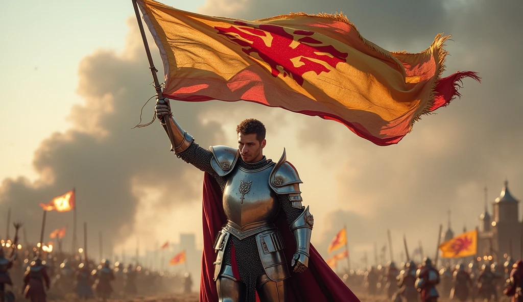 A victorios knight holding a flag 