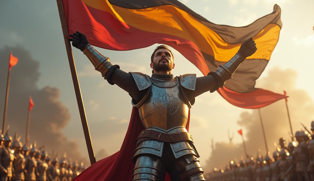 A victorios knight holding a flag