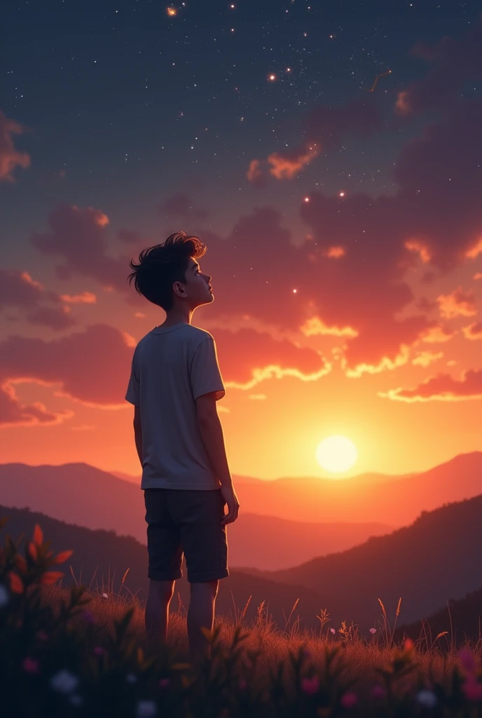 Create an 1920x1080 image of a  boy looking at leo constellation (more like staring constellation)during a beautiful sunset 
