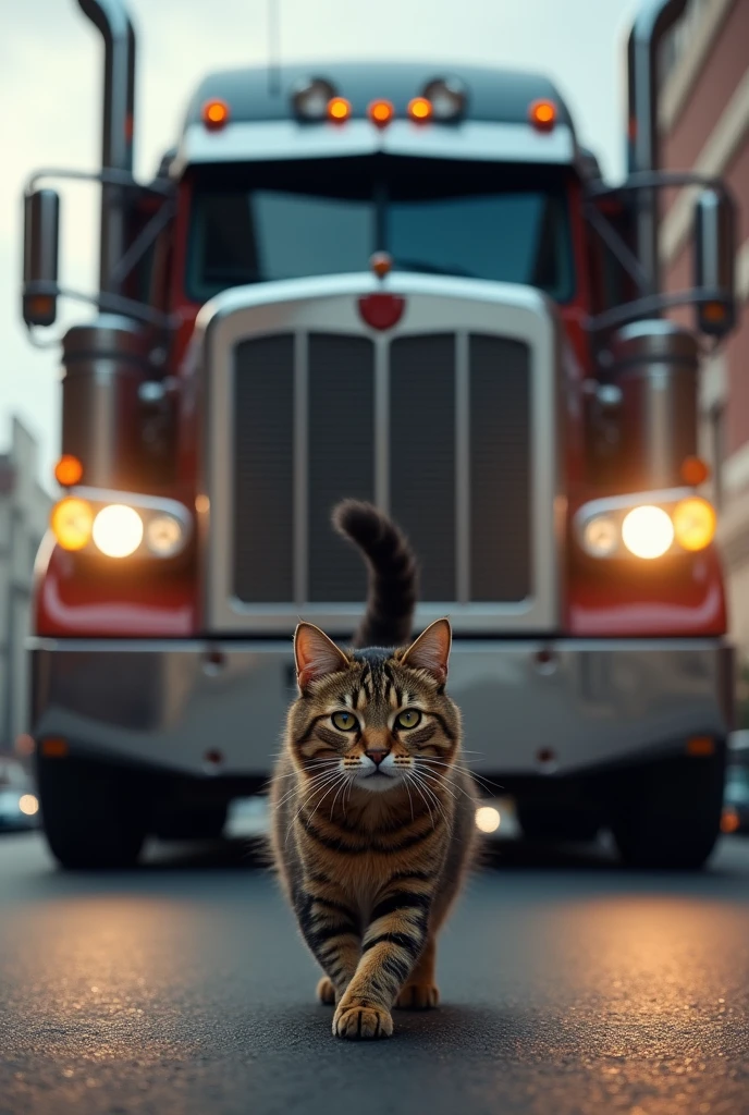 make a cat that almost got run over by a huge truck extremely detailed, realistic, photorealistic, high quality, 4K, 8k, head of'artwork, ultra detailed, Couleurs vives, HDR, studio d'lighting, sharpness, physical rendering. portrait professionnel