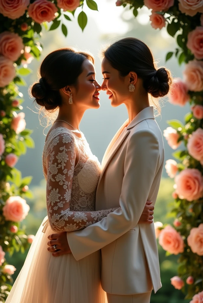 Real pinoy couple lesbian and girl wearing wedding standing with arounding flowers 