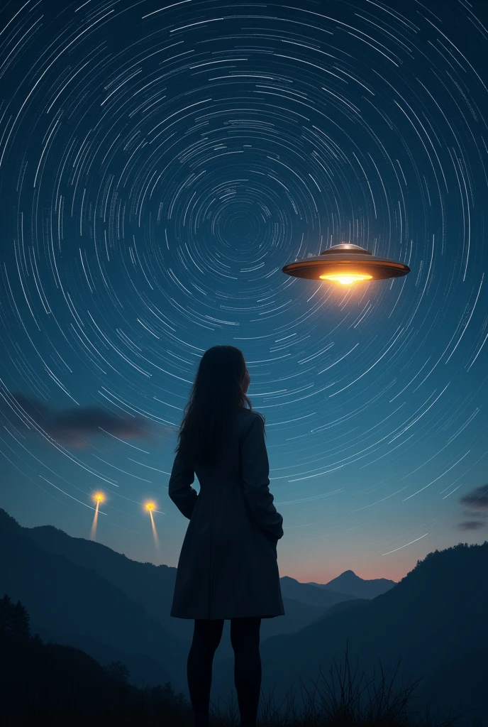 long exposure of starry sky with many circular orbits, focus on the stars, a flying saucer, radiates light downwards,silhouette of a young European woman with long hair with her hands in the pockets of her coat looking up,golden ratio,shooting stars, two of them yellow