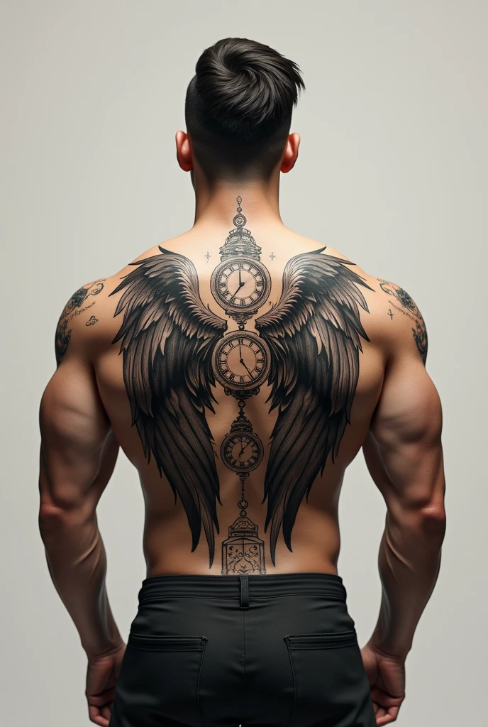 Wing tatoo with clocks and rune words for man