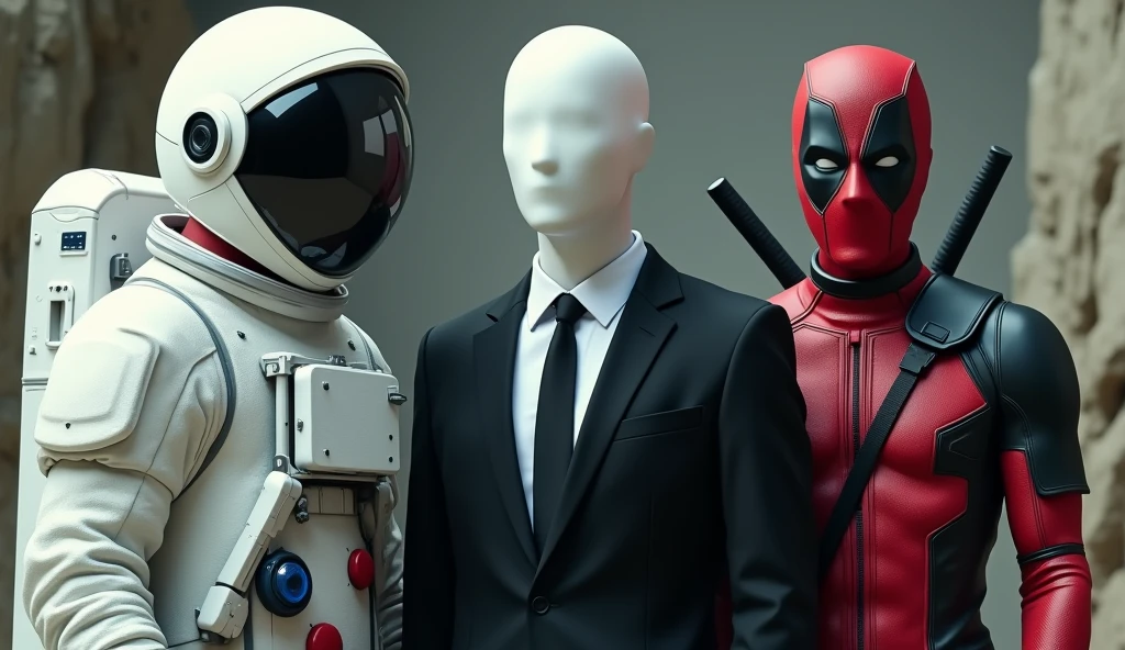 1 space suit guy, 1 male with no face just a white face with no facial things or eyes wearing black suit, and a guy wearing Deadpool suit