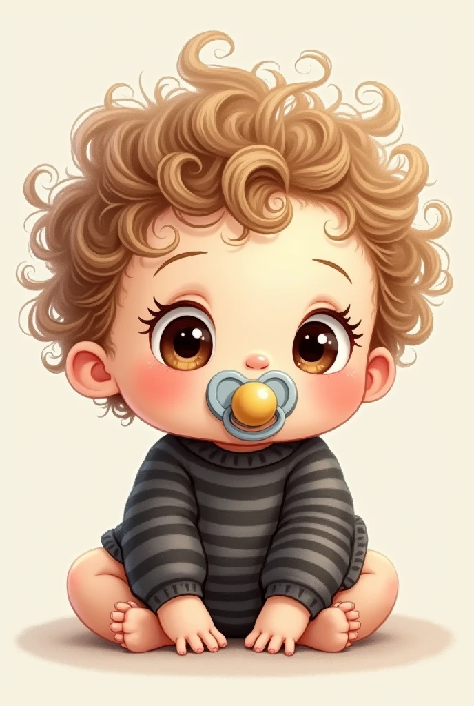 Create illustration of a with curly, light brown hair, dark brown open eyes, big eyelashes,little belly, wearing a black and gray striped shirt and sucking on a pacifier.