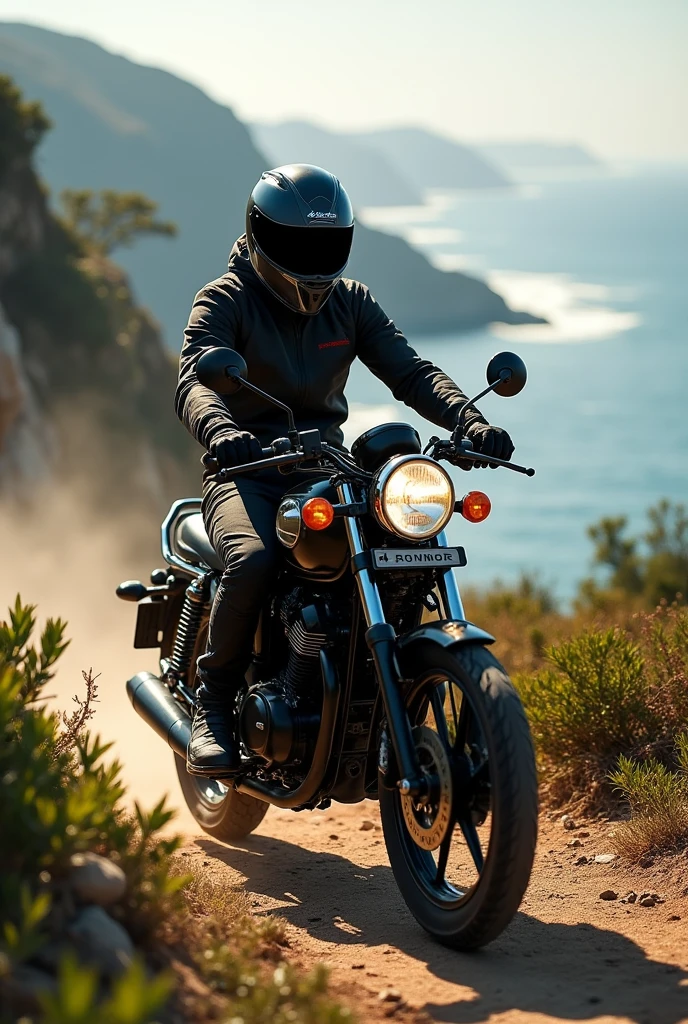 motorcyclist riding a Honda CG 160 motorcycle. seen from coasts, In the wilderness.