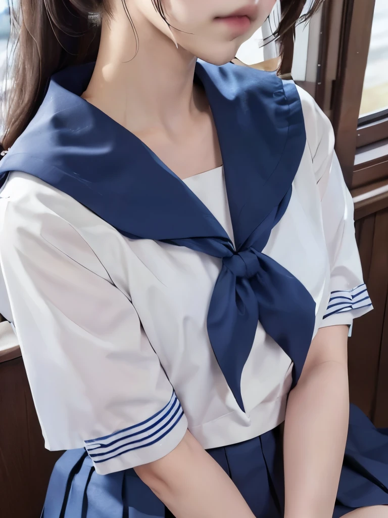 Masterpiece、Highest quality、【lower body focus】、Super detailed、Only from the neck down　画面いっぱいのSailor suit、Sailor suitが近い、Sailor suitをドアップ、Head is cut off　Japanese school girl uniform、Sailor suit、紺色のSailor suit、Pleated skirt、Navy Blue Skirt　clavicle、Soft thighs　chest focus、from the neck down focus、View from the neck down、Chest up、Chest close up、Chest close、Get closer to my chest　Train window、countryside
