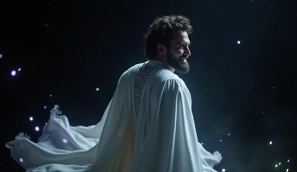 A cinematic medium shot of Henry Cavill with medium hair and beard as Pre-retcon Beyonder in the MCU. He is floating in black space and is showing his back to us while we can only see his side face where he gives a villainous laugh with a villainous facial expression. He has a non-muscular build and for his outfit The Beyonder wears long, flowing robes made of a white material that seems to shimmer and shift like the fabric of space itself. The robes are primarily deep white, with hints of starry constellations scattered across them. The edges of the robes glow faintly with a black or purple energy, as if the fabric is charged with cosmic power and around the Beyonder, several small, glowing orbs float in the air, constantly in motion. These represent the Beyonder’s control over the fundamental forces of the universe and give a sense of their boundless power and the Beyonder's eyes glow with a piercing white light, and their entire form is surrounded by a faint, shimmering aura that pulses with energy. The aura occasionally crackles with energy, hinting at the raw power within.He wears no cape.It is happening within the multiverse.
