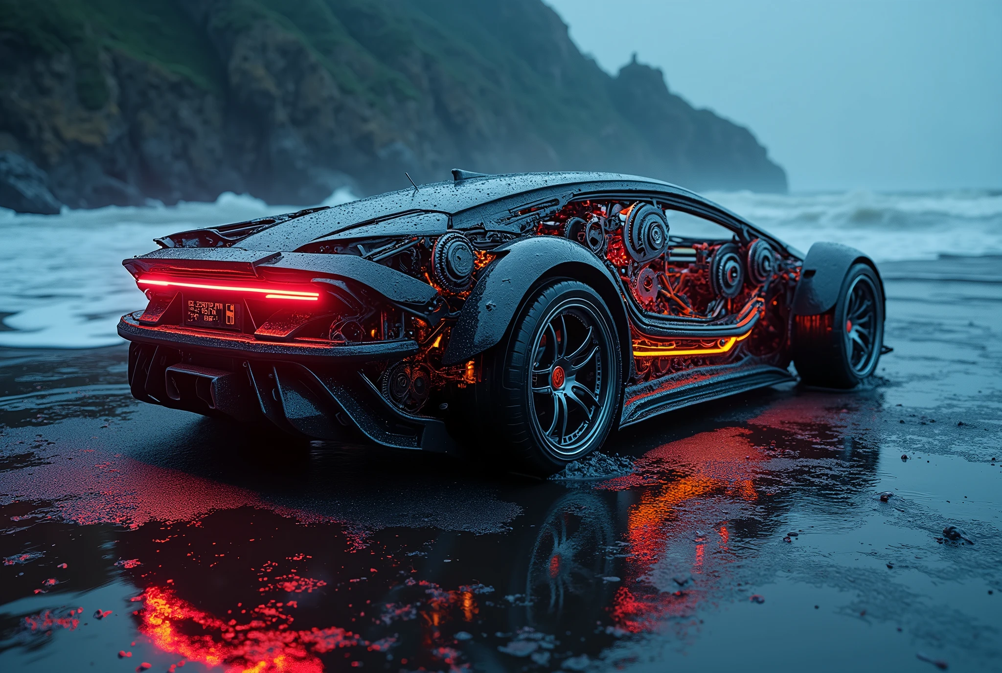 (rough sea background). So many beautiful gears and timing chains, close-up shots of the timing chains, dynamic camera work, inside of an automobile, beautiful metallic light reflections, colorful led growing from inside, focus on timing chains, black machine oil reflecting the lights