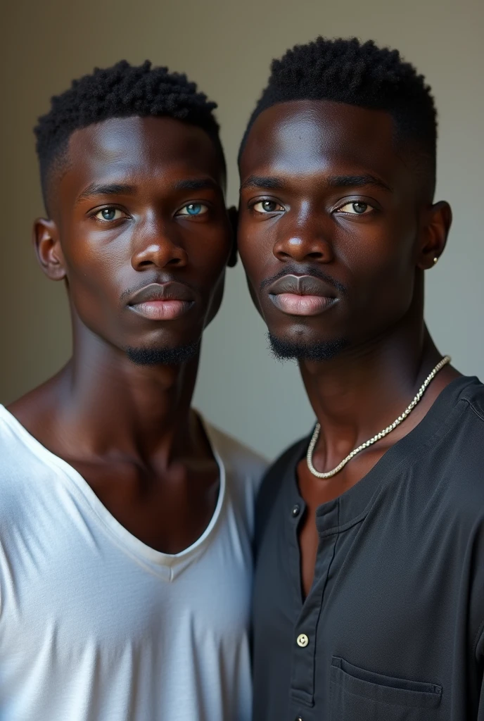 Beautiful Beninese with blue eyes, 2 black handsome boy , Realist, Facing the camera 